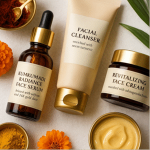 Ayurvedic facial skincare set featuring face serum, cleanser, and revitalizing cream with saffron and turmeric.