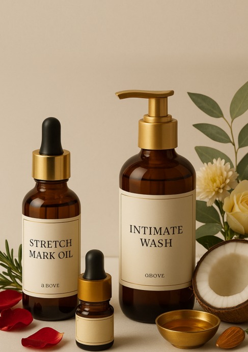 Female care products including Stretch Mark Oil and Intimate Wash bottles styled with rose petals and coconut.