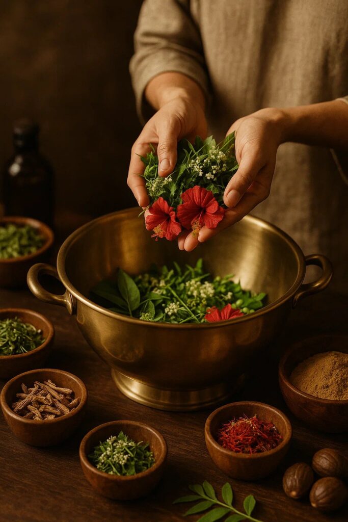 Hands sprinkling fresh herbs and red hibiscus flowers into a traditional brass Ayurvedic bowl surrounded by spices.