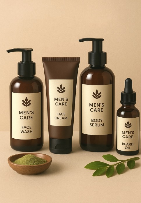 Lvedique Men's Care range featuring Face Wash, Face Cream, Body Serum, and Beard Oil.